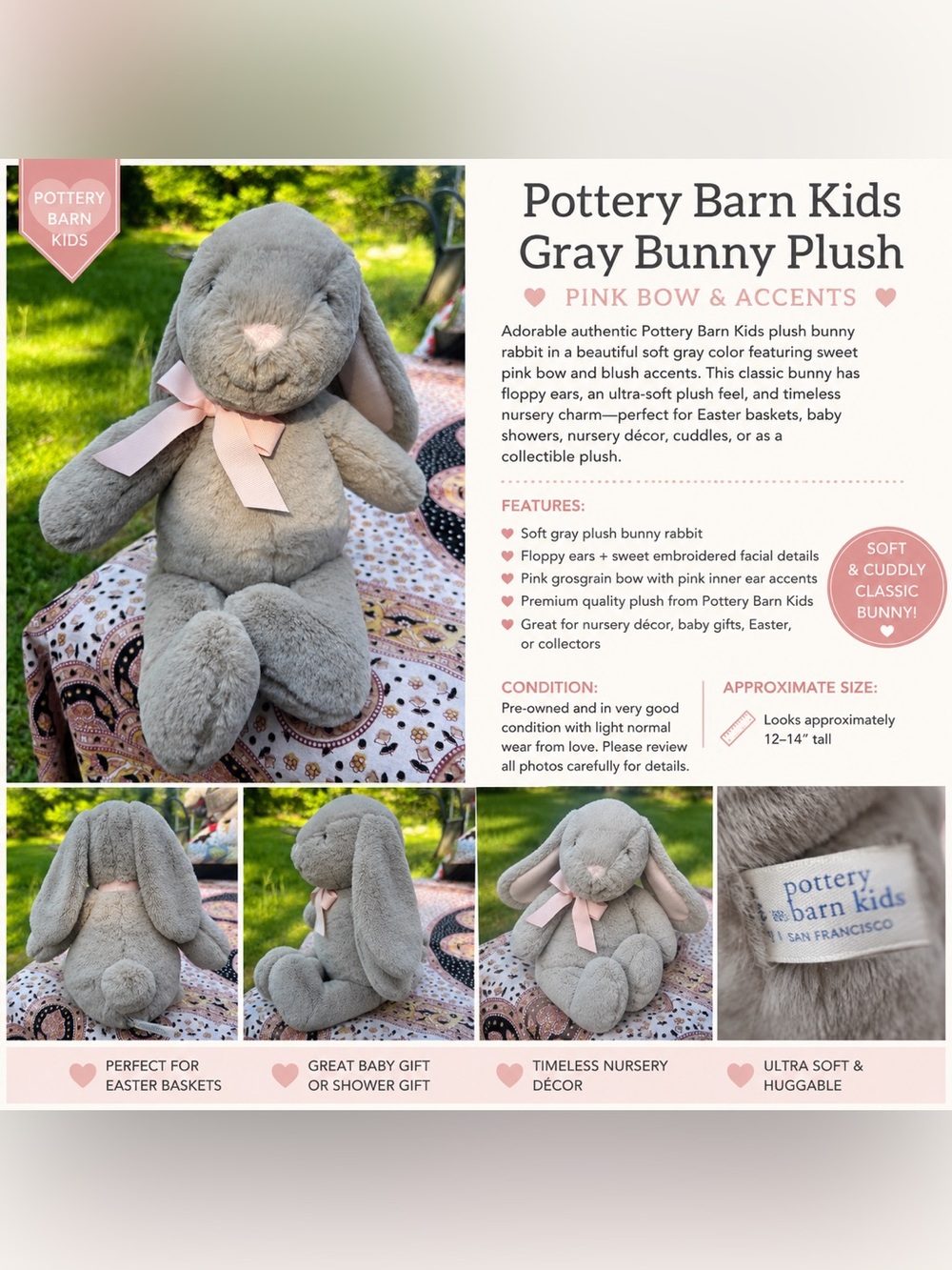 Pottery Barn Kids Gray Bunny Plush Stuffed Rabbit Pink Bow Soft Lovey Nursery